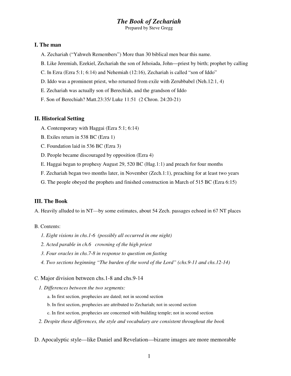 The Book of Zechariah Prepared by Steve Gregg