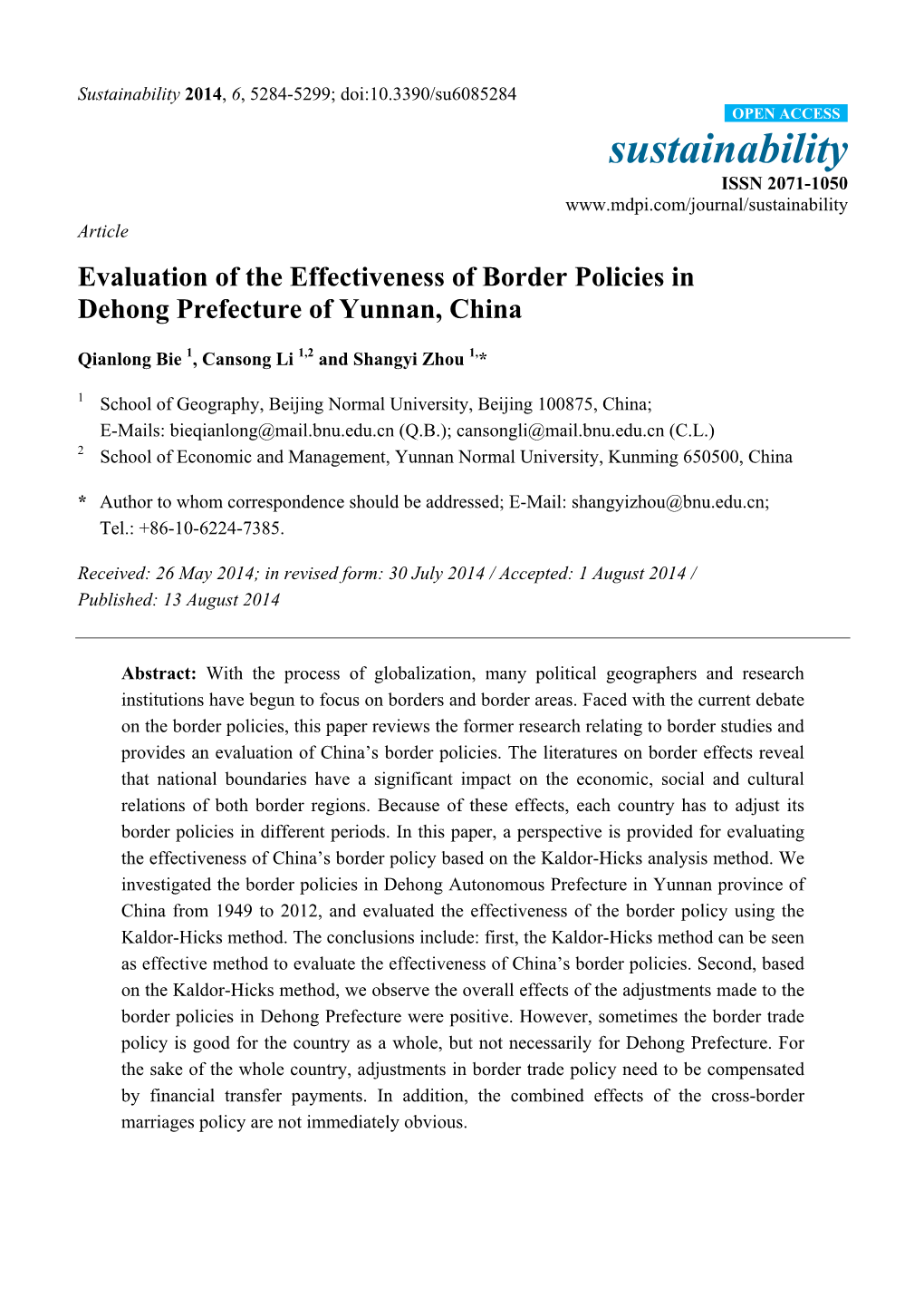 Evaluation of the Effectiveness of Border Policies in Dehong Prefecture of Yunnan, China