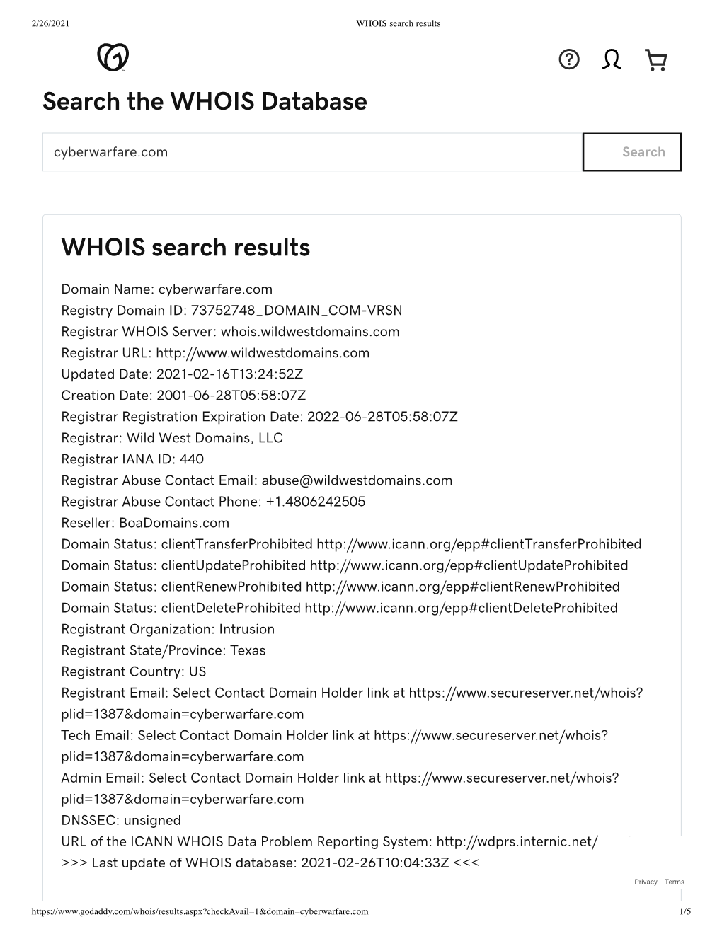 Search the WHOIS Database WHOIS Search Results
