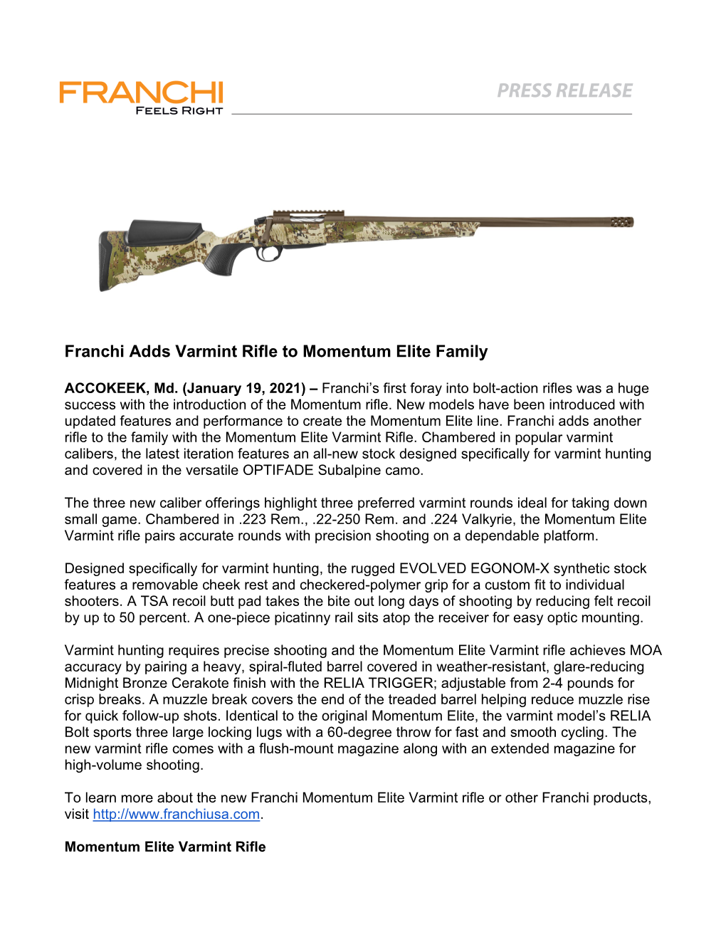 Franchi Adds Varmint Rifle to Momentum Elite Family