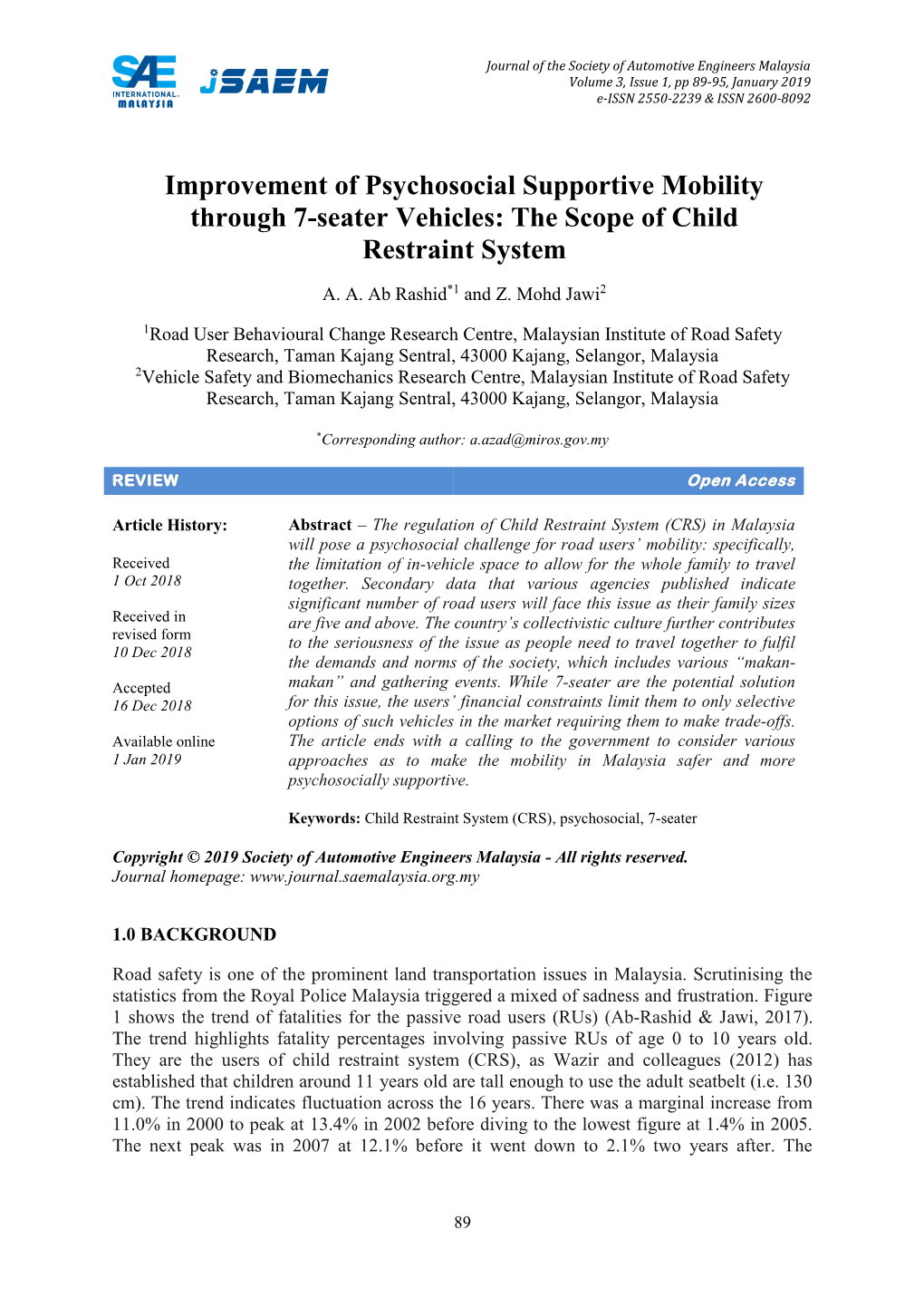 Improvement of Psychosocial Supportive Mobility Through 7-Seater Vehicles: the Scope of Child Restraint System