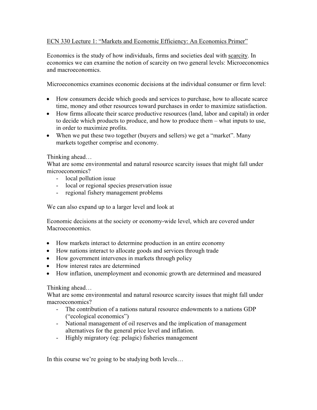 ECN 330 Lecture 1: “Markets and Economic Efficiency: an Economics Primer”