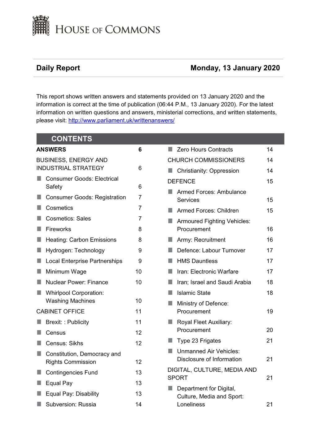 Daily Report Monday, 13 January 2020 CONTENTS