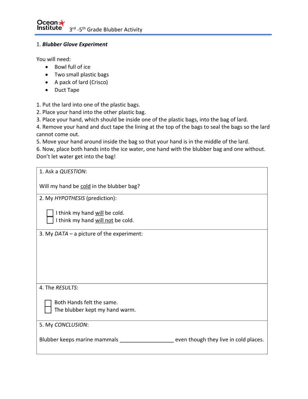 3Rd -5Th Grade Blubber Activity 1. Blubber Glove Experiment You Will Need