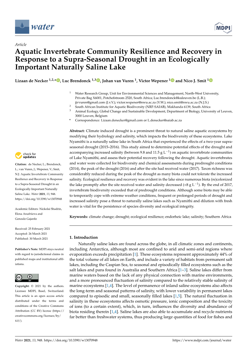 Aquatic Invertebrate Community Resilience and Recovery in Response to a Supra-Seasonal Drought in an Ecologically Important Naturally Saline Lake