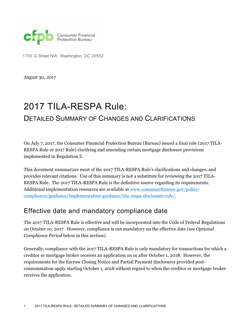 2017 TILA-RESPA Rule: DETAILED SUMMARY of CHANGES and CLARIFICATIONS