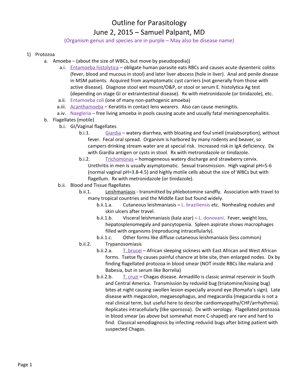 Outline for Parasitology