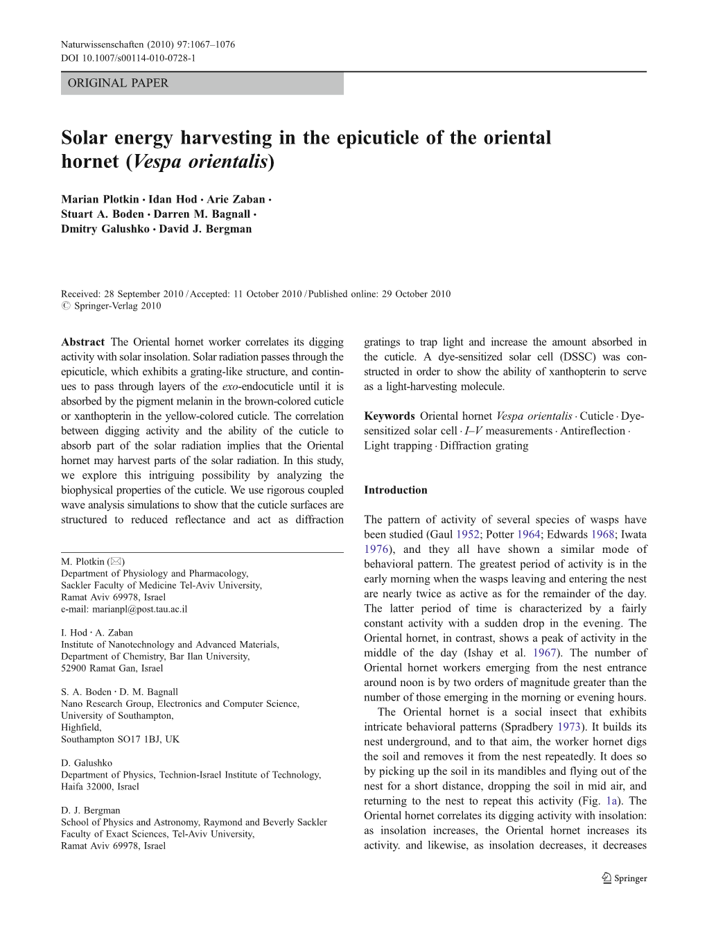 Solar Energy Harvesting in the Epicuticle of the Oriental Hornet (Vespa Orientalis)