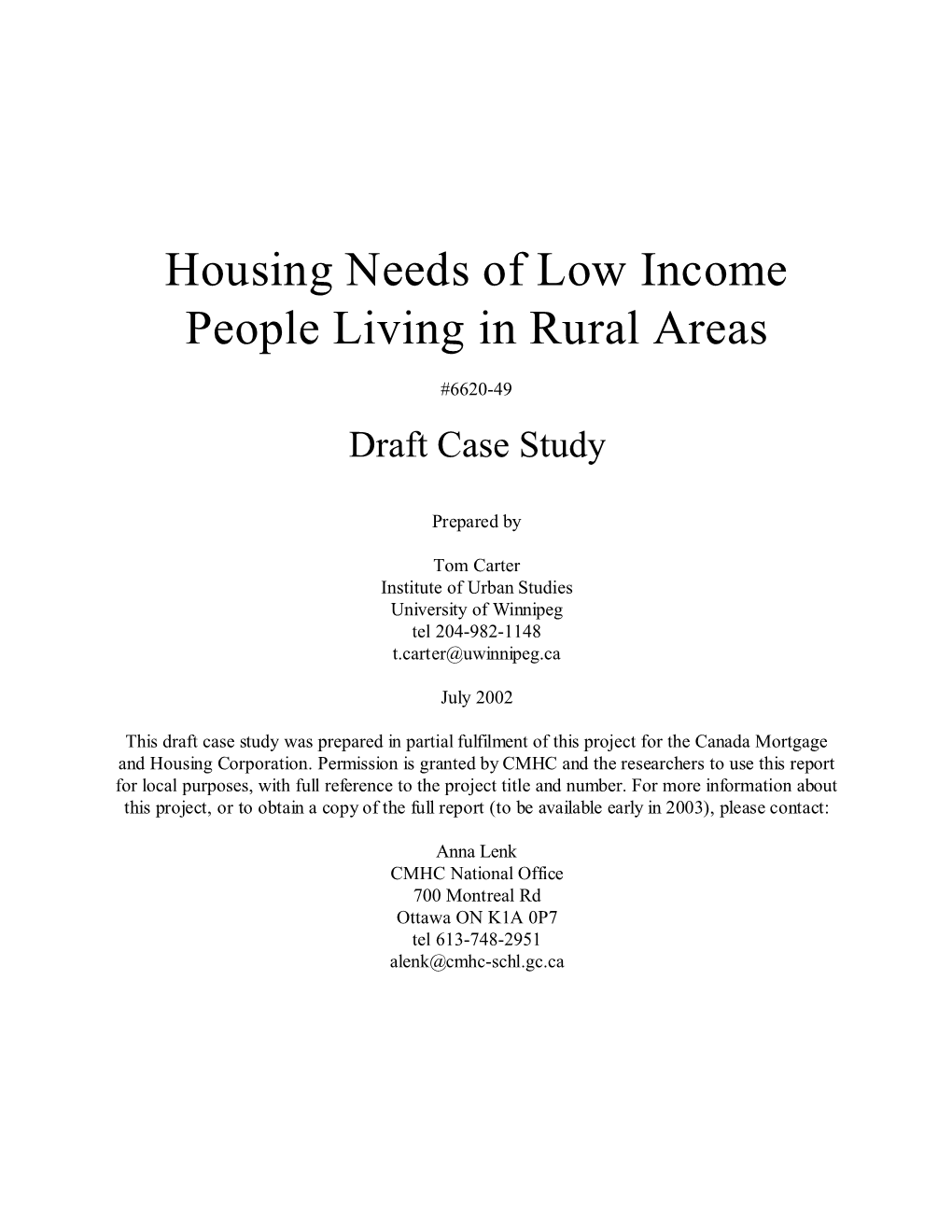 Housing Needs of Low Income People Living in Rural Areas