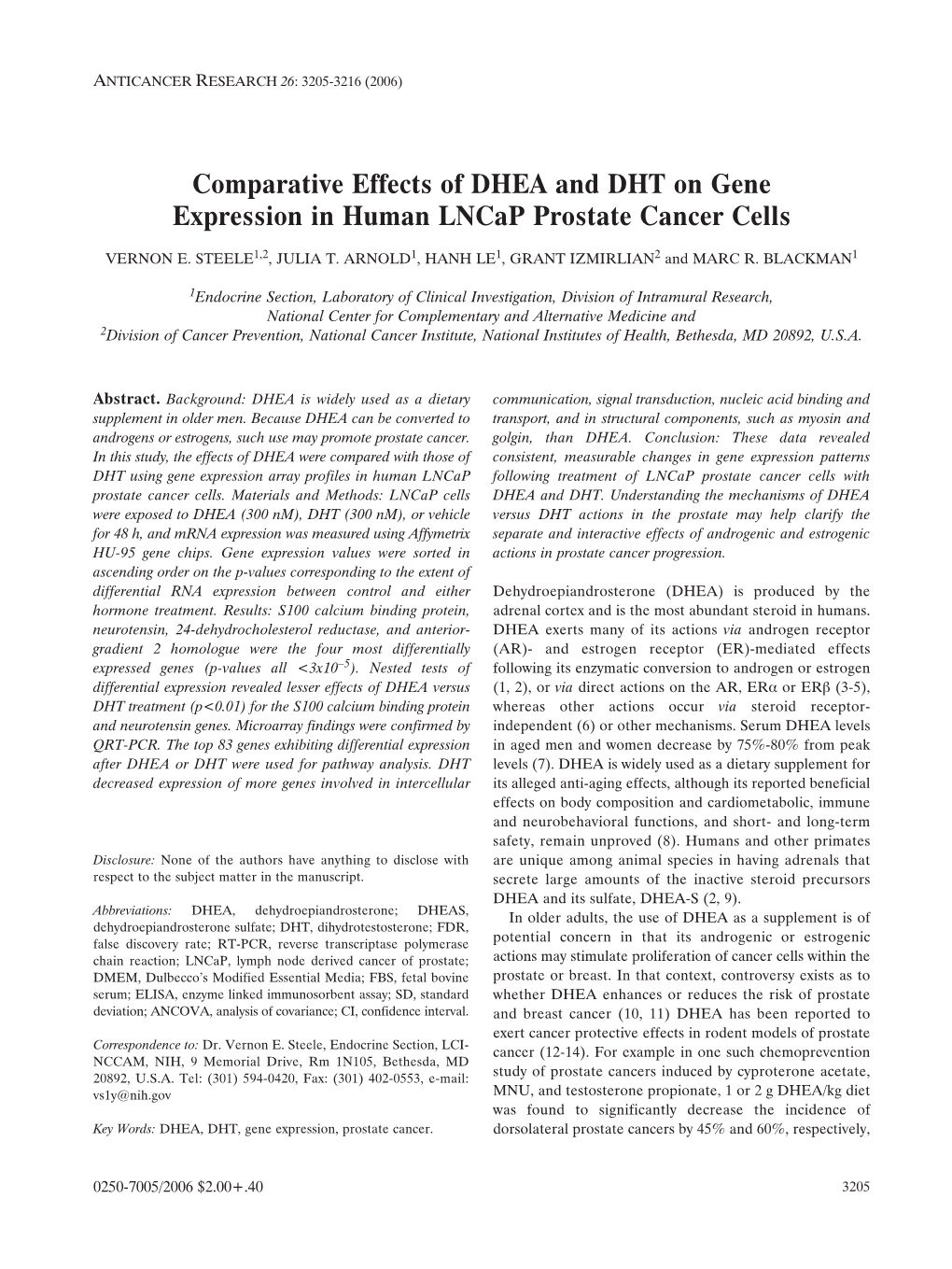 Comparative Effects of DHEA and DHT on Gene Expression in Human Lncap Prostate Cancer Cells
