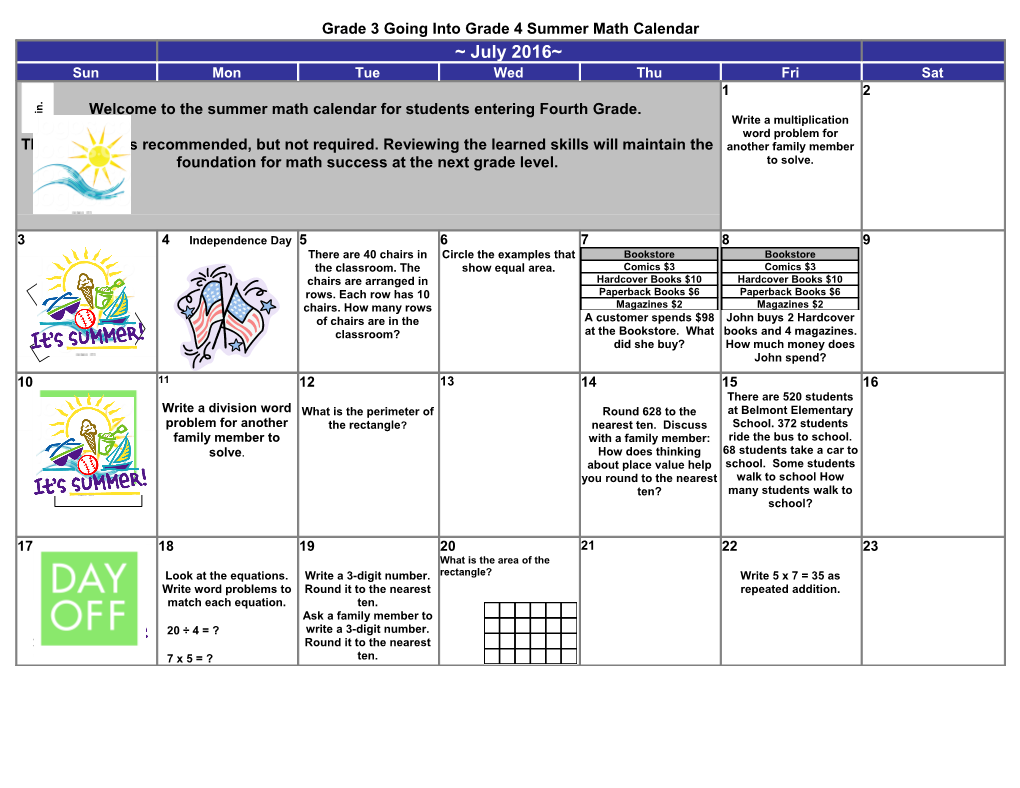 July Calendar with US Holidays2013