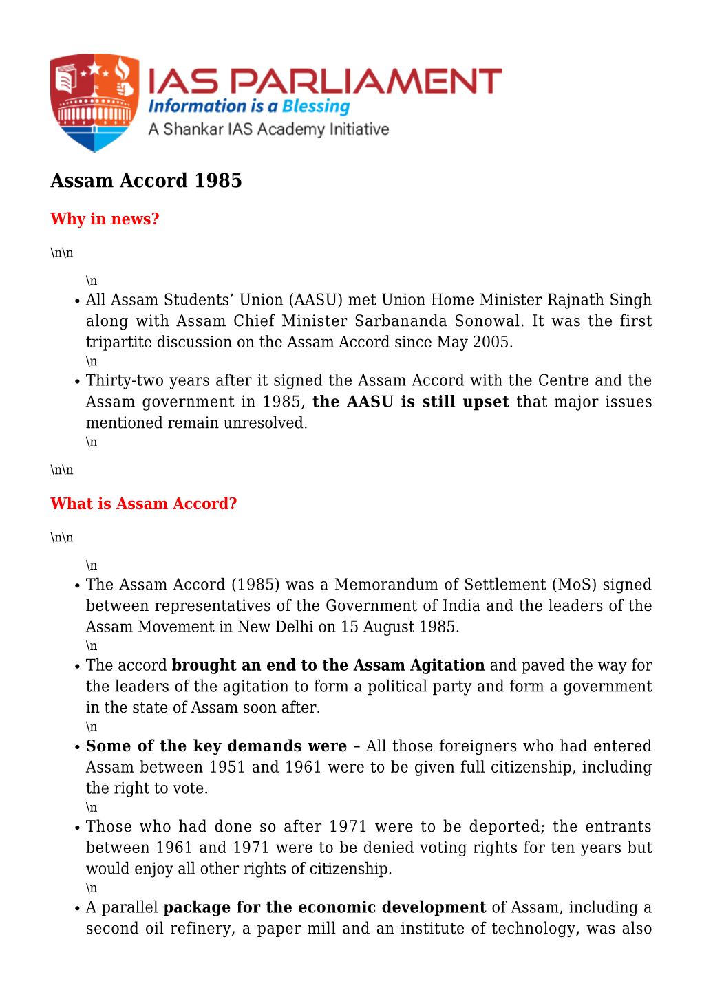 Assam Accord 1985