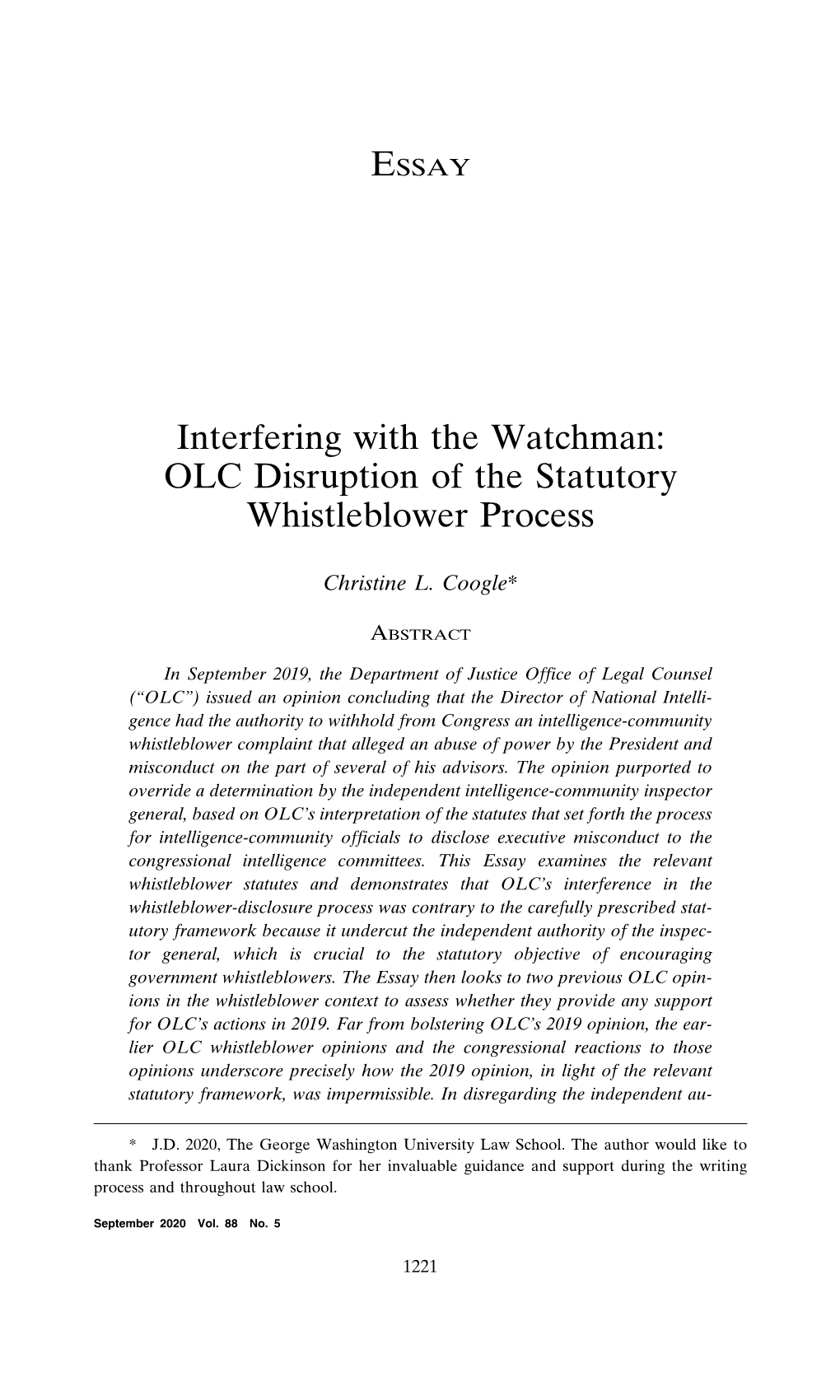 OLC Disruption of the Statutory Whistleblower Process