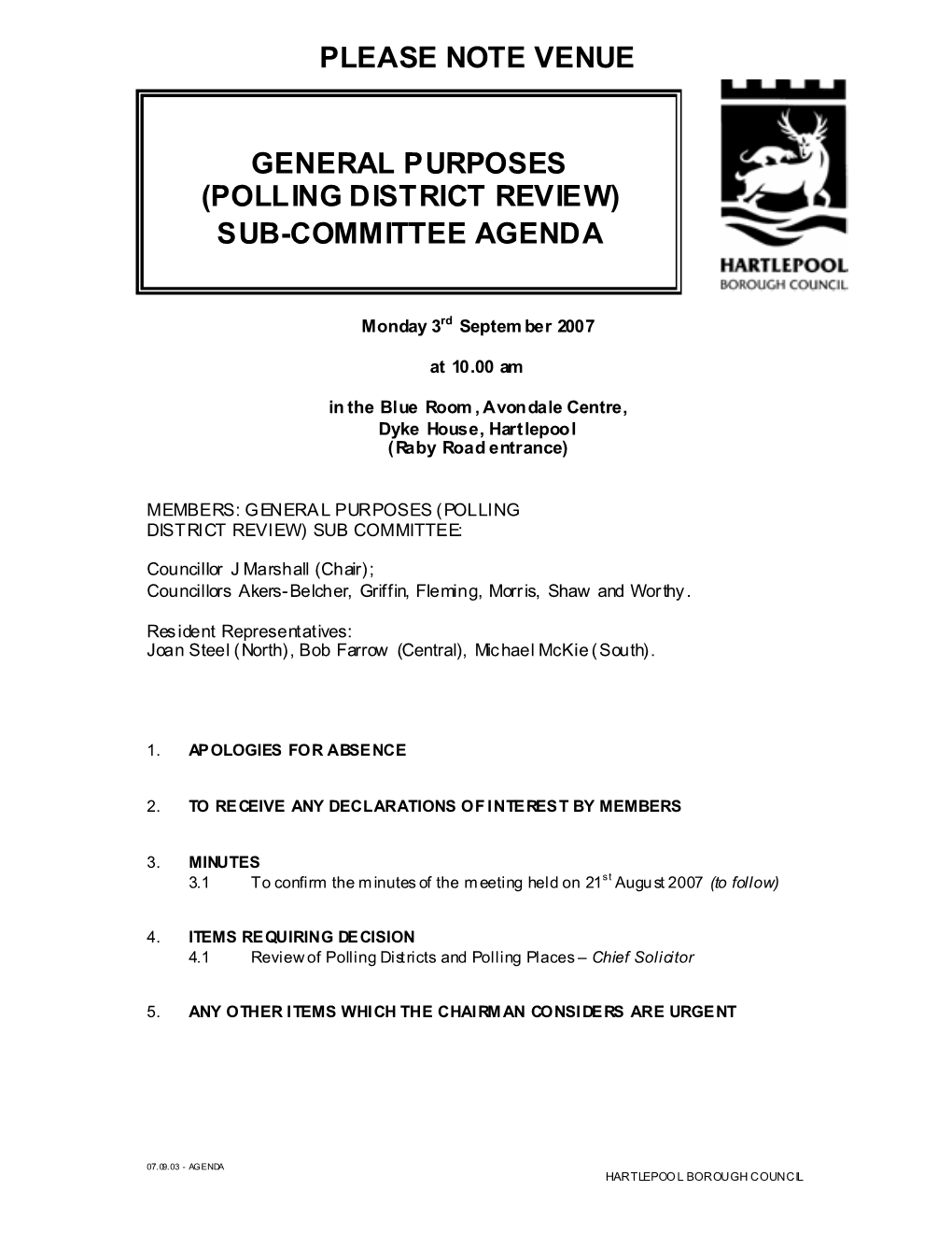 General Purposes (Polling District Review) Sub-Committee Agenda