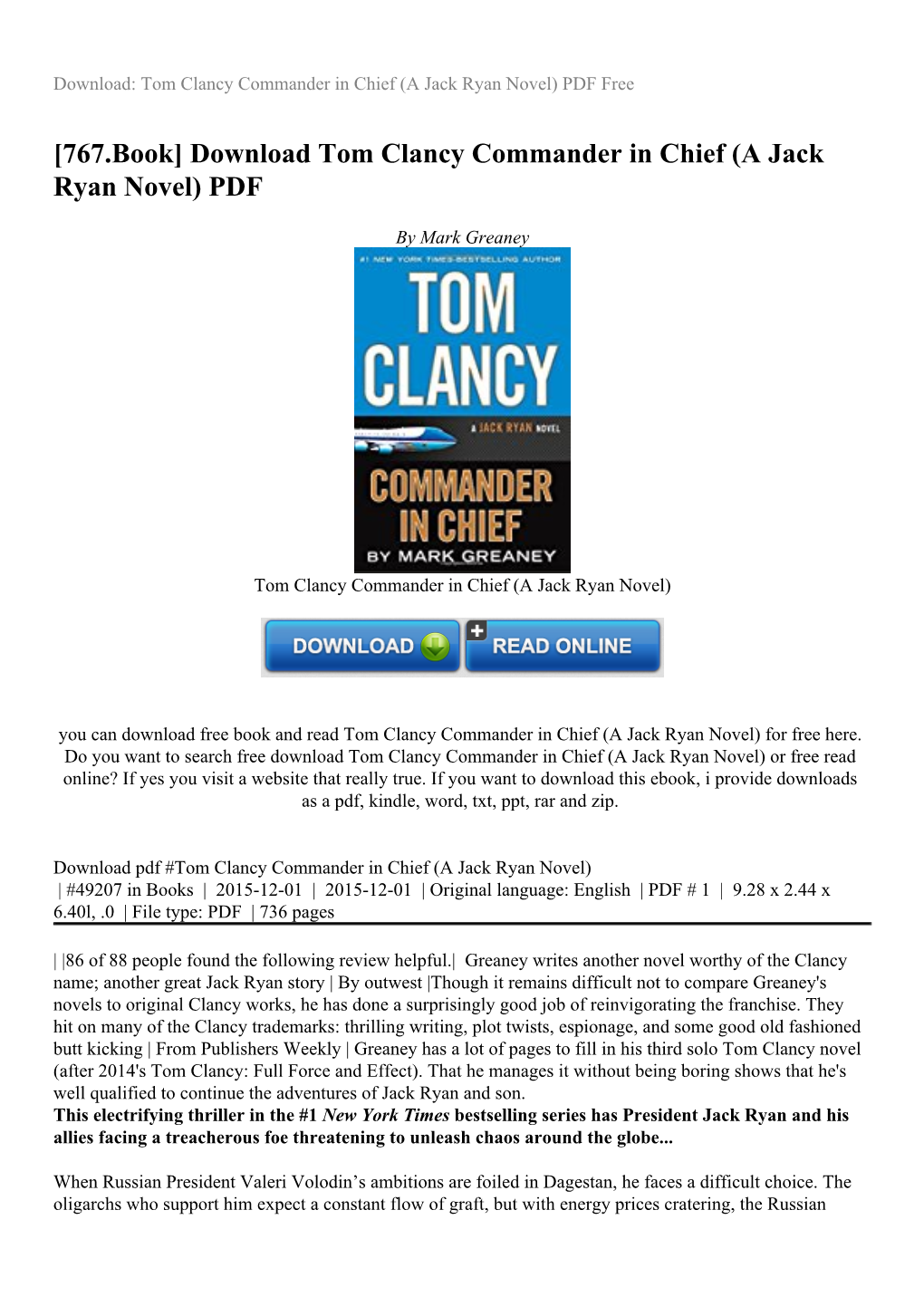 Download Tom Clancy Commander in Chief (A Jack Ryan Novel) PDF