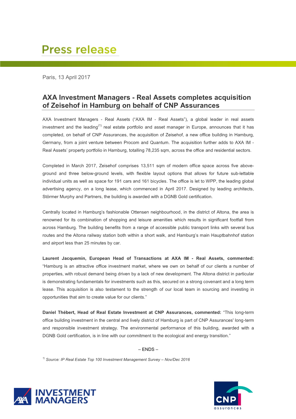 Real Assets Completes Acquisition of Zeisehof in Hamburg on Behalf of CNP Assurances