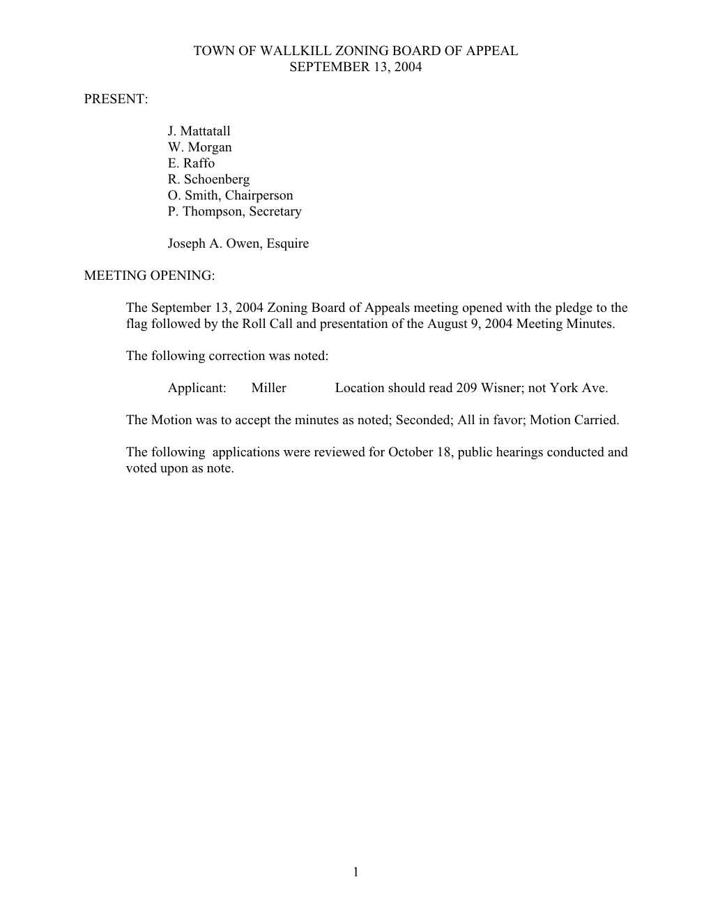 1 Town of Wallkill Zoning Board of Appeal September 13, 2004