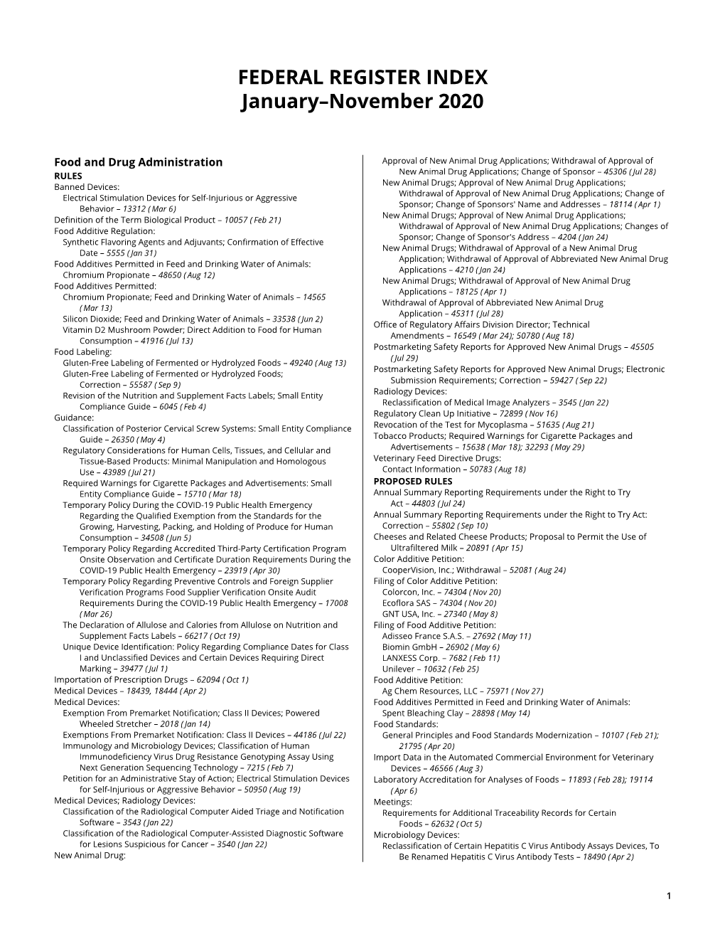 FEDERAL REGISTER INDEX January–November 2020