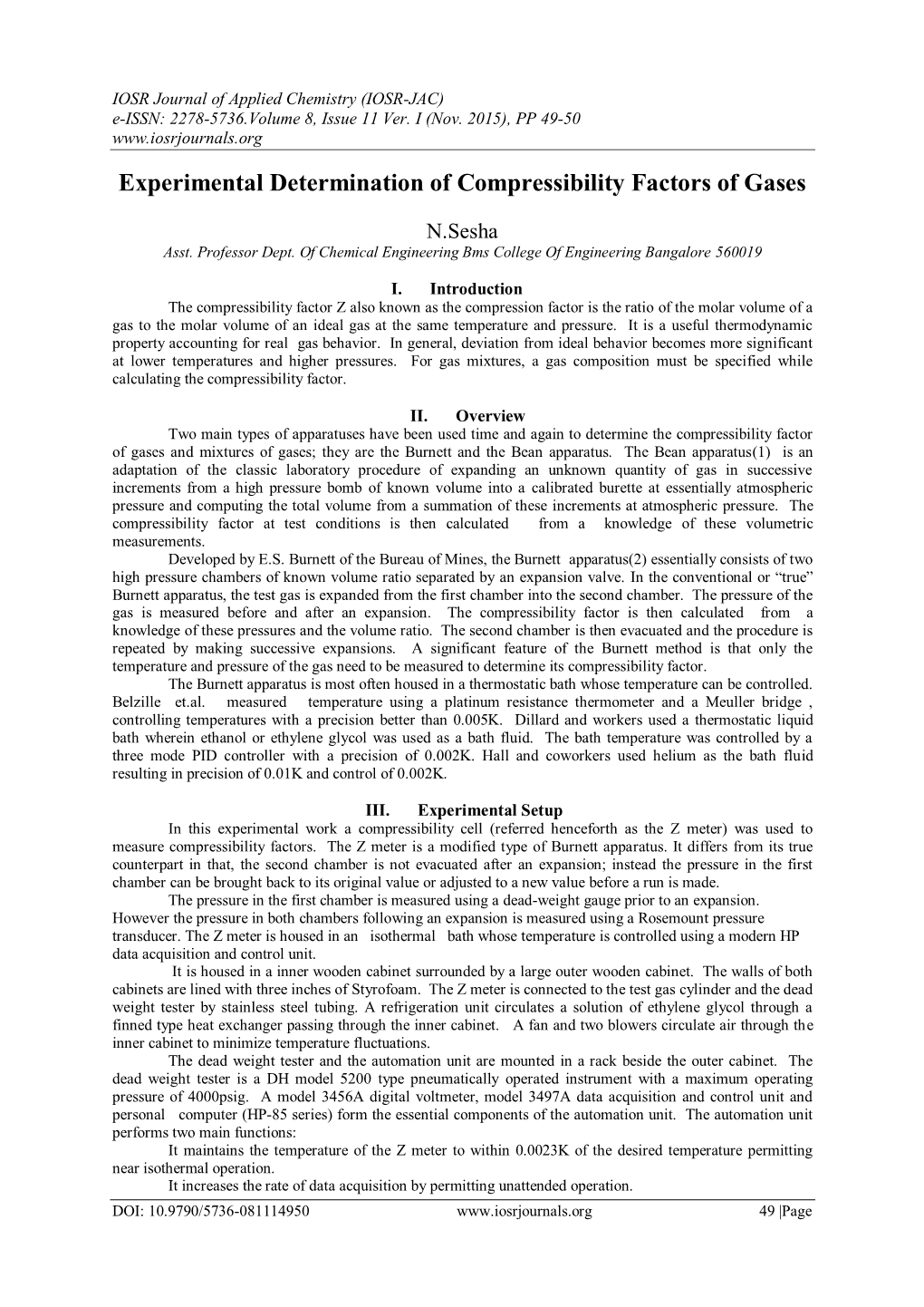 Experimental Determination of Compressibility Factors of Gases