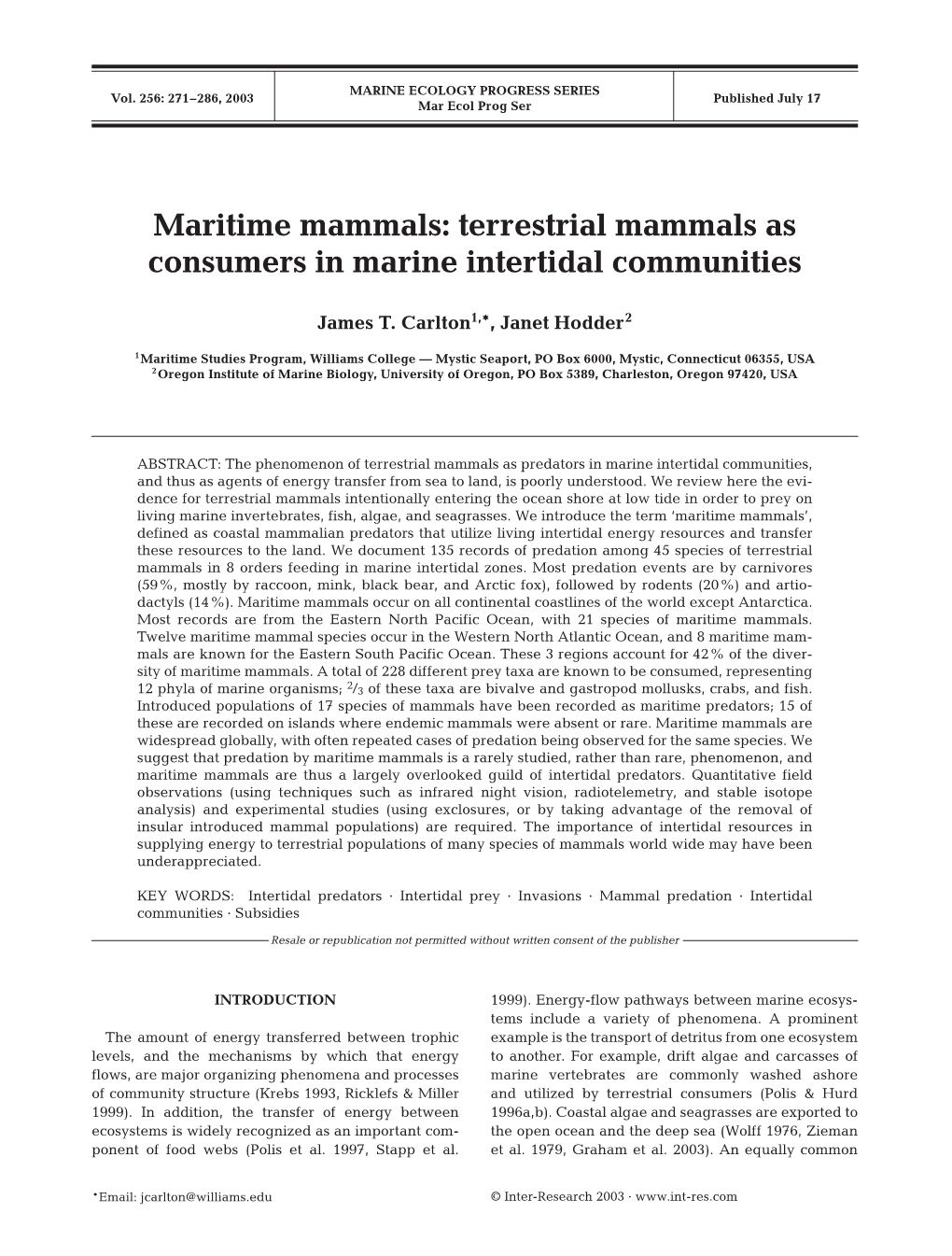 Terrestrial Mammals As Consumers in Marine Intertidal Communities
