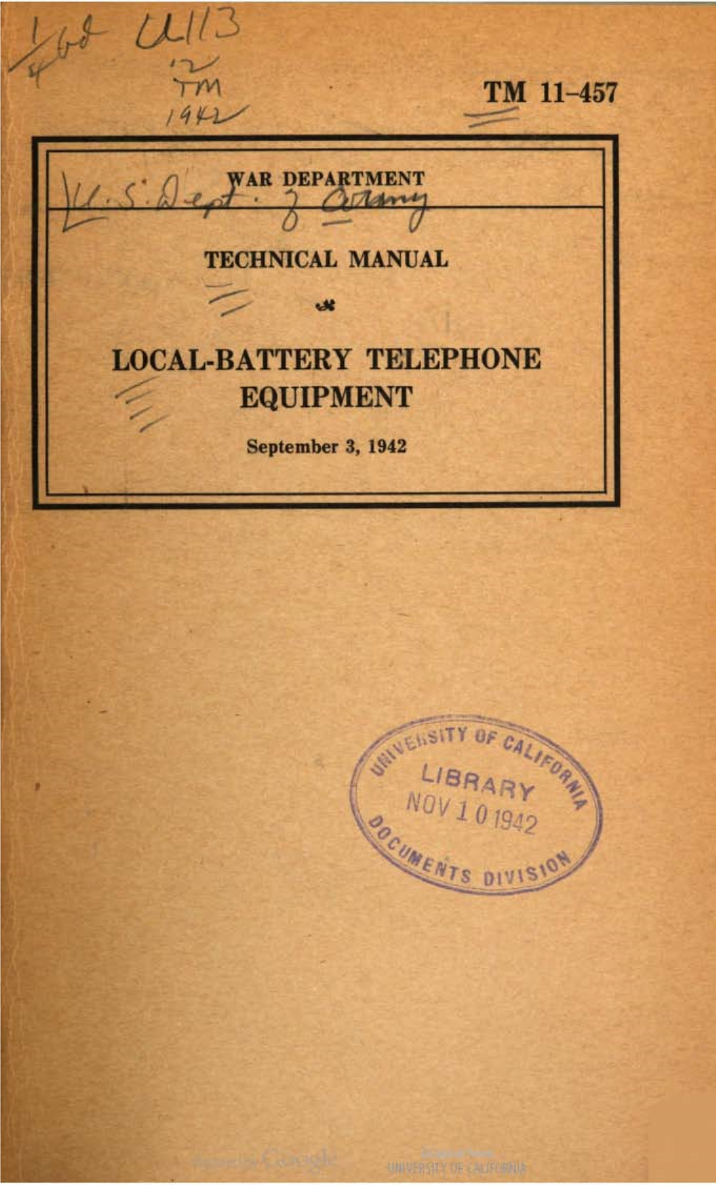 LOCAL-BATTERY TELEPHONE --:;;: EQUIPMENT /' September 3, 1942