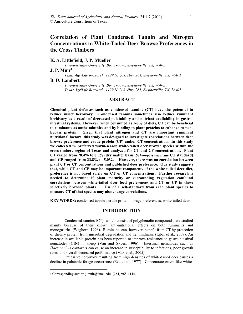 Correlation of Plant Condensed Tannin and Nitrogen Concentrations to White-Tailed Deer Browse Preferences in the Cross Timbers