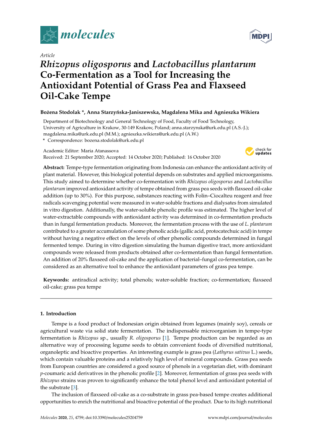 Rhizopus Oligosporus and Lactobacillus Plantarum Co-Fermentation As a Tool for Increasing the Antioxidant Potential of Grass Pea and Flaxseed Oil-Cake Tempe