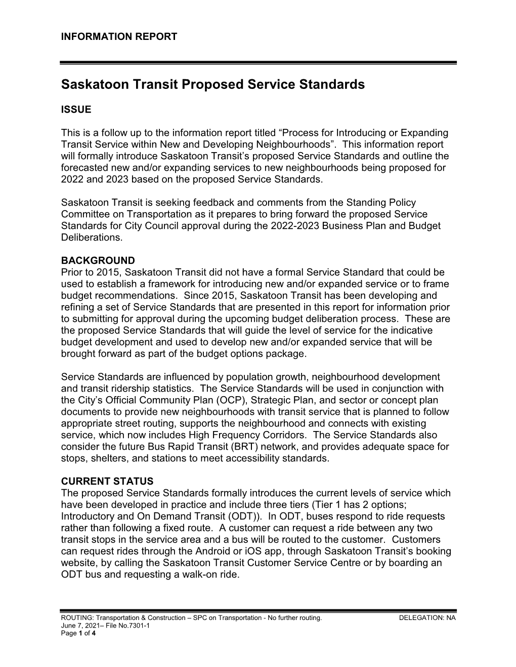 Saskatoon Transit Proposed Service Standards.Pdf