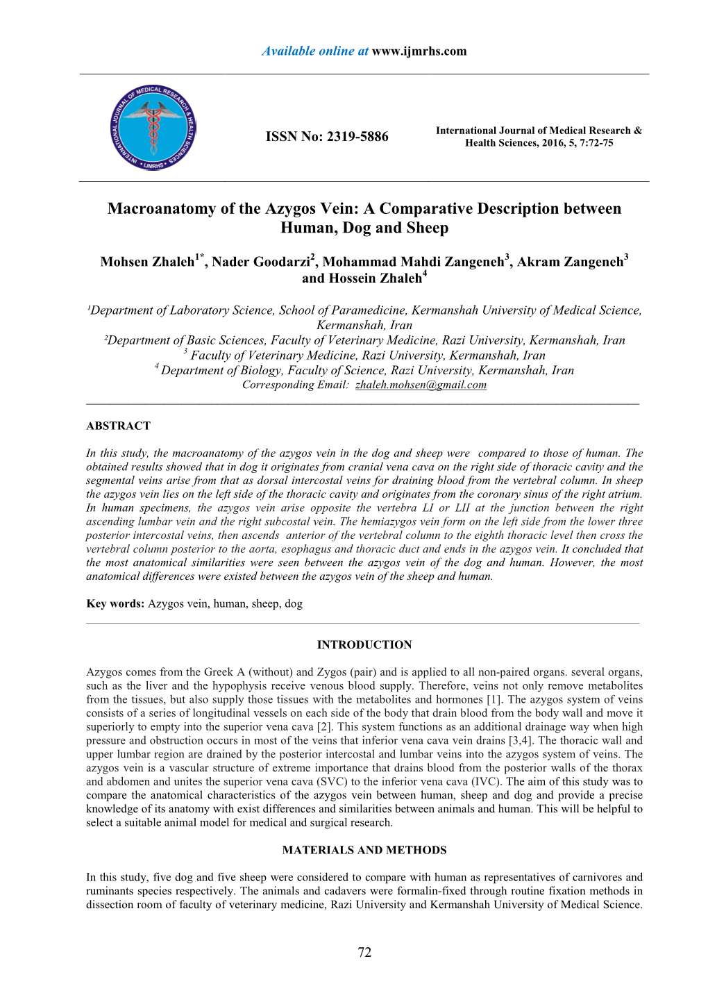 Macroanatomy of the Azygos Vein: a Comparative Description Between Human, Dog and Sheep