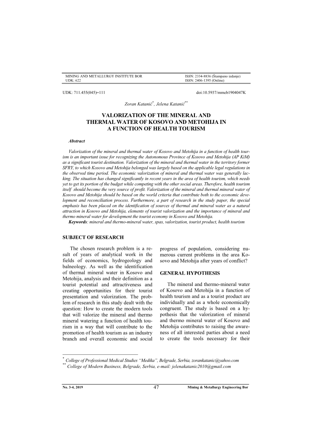 Valorization of the Mineral and Thermal Water of Kosovo and Metohija in a Function of Health Tourism