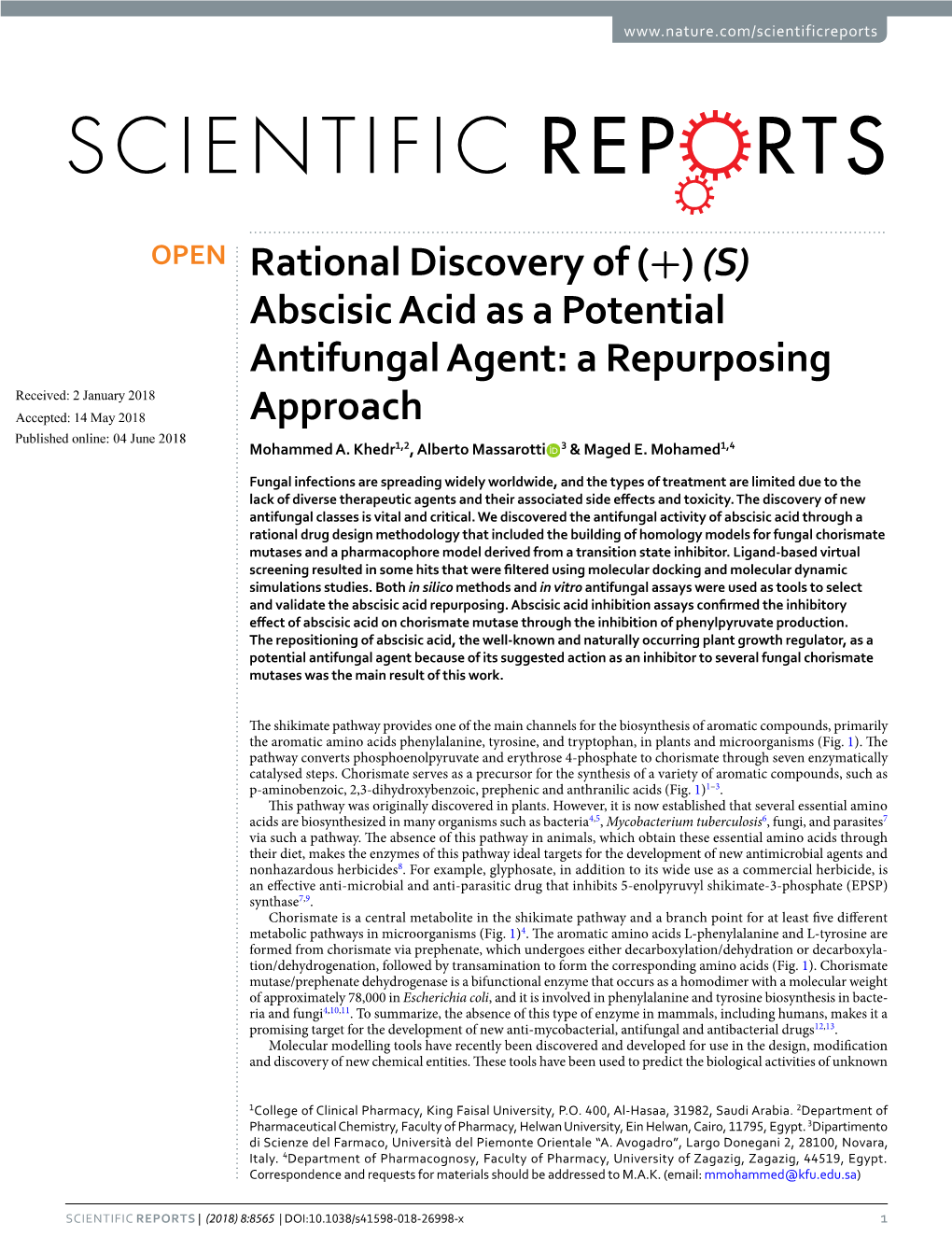 Abscisic Acid As a Potential Antifungal Agent: a Repurposing Received: 2 January 2018 Accepted: 14 May 2018 Approach Published: Xx Xx Xxxx Mohammed A