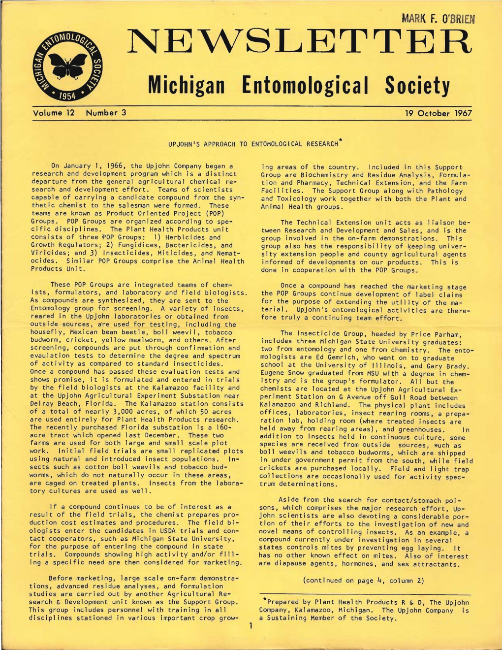 NEWSLETTER Michigan Entonlologica I Society