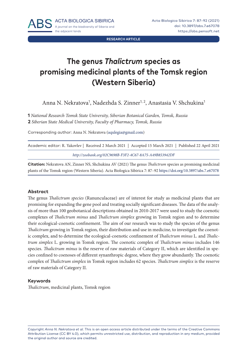 The Genus Thalictrum Species As Promising Medicinal Plants of the Tomsk Region (Western Siberia)