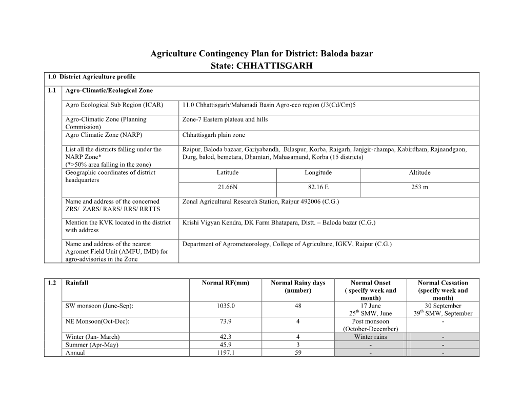 Agriculture Contingency Plan for District: Baloda Bazar State: CHHATTISGARH 1.0 District Agriculture Profile