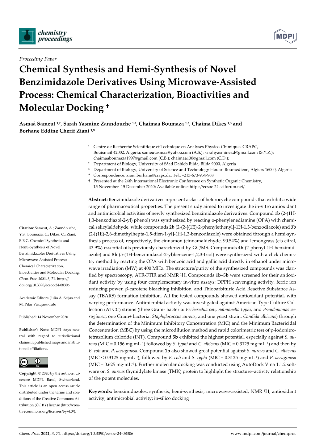 Chemical Characterization, Bioactivities and Molecular Docking †