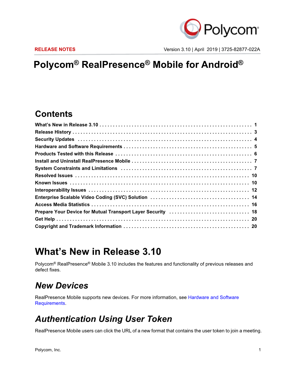 Polycom Realpresence Mobile for Android Release Notes 3.10