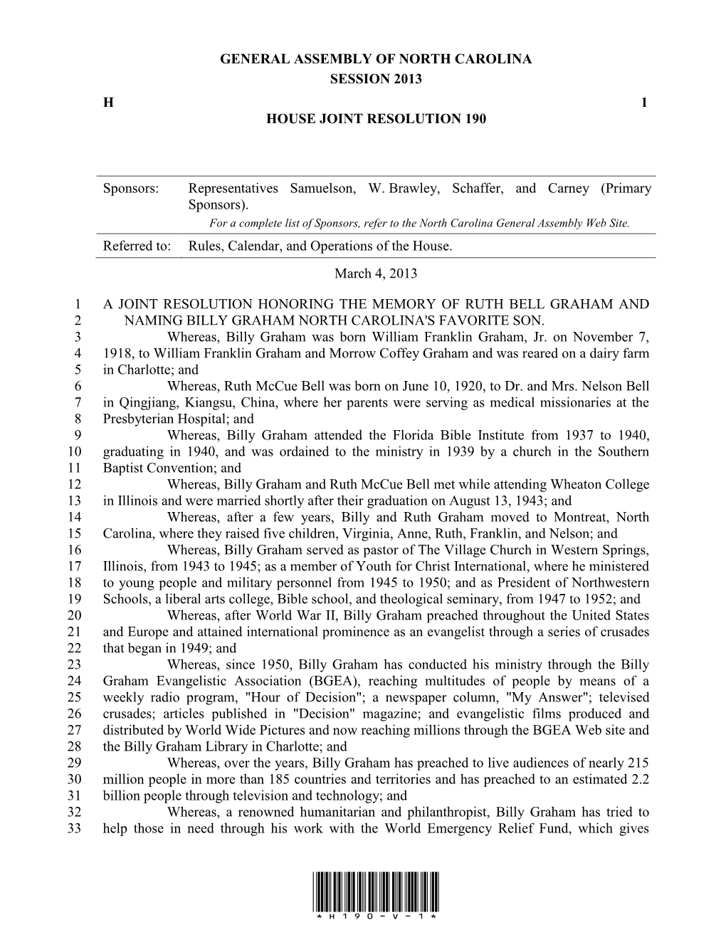 General Assembly of North Carolina Session 2013 H 1 House Joint Resolution 190