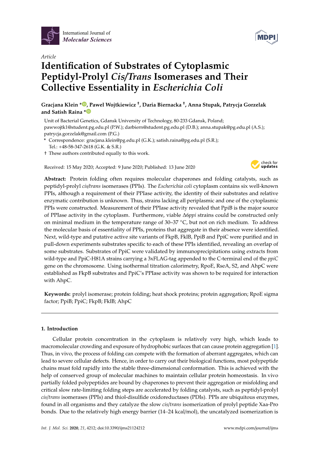Identification of Substrates of Cytoplasmic Peptidyl-Prolyl Cis