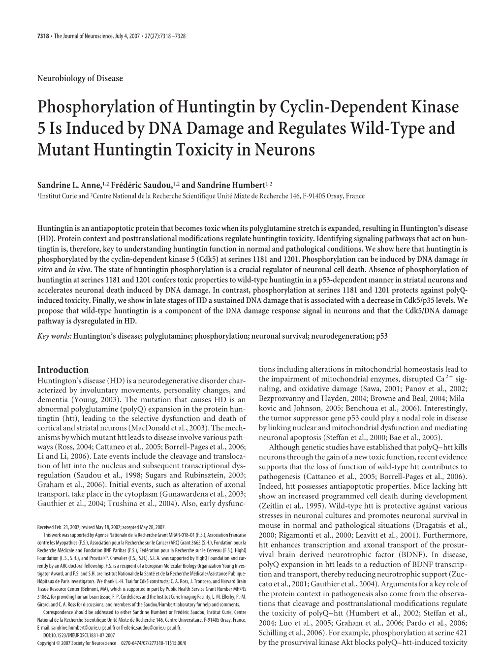 Phosphorylation of Huntingtin by Cyclin-Dependent Kinase 5 Is Induced by DNA Damage and Regulates Wild-Type and Mutant Huntingtin Toxicity in Neurons