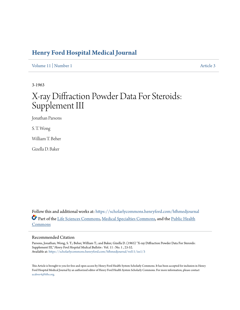 X-Ray Diffraction Powder Data for Steroids: Supplement III Jonathan Parsons