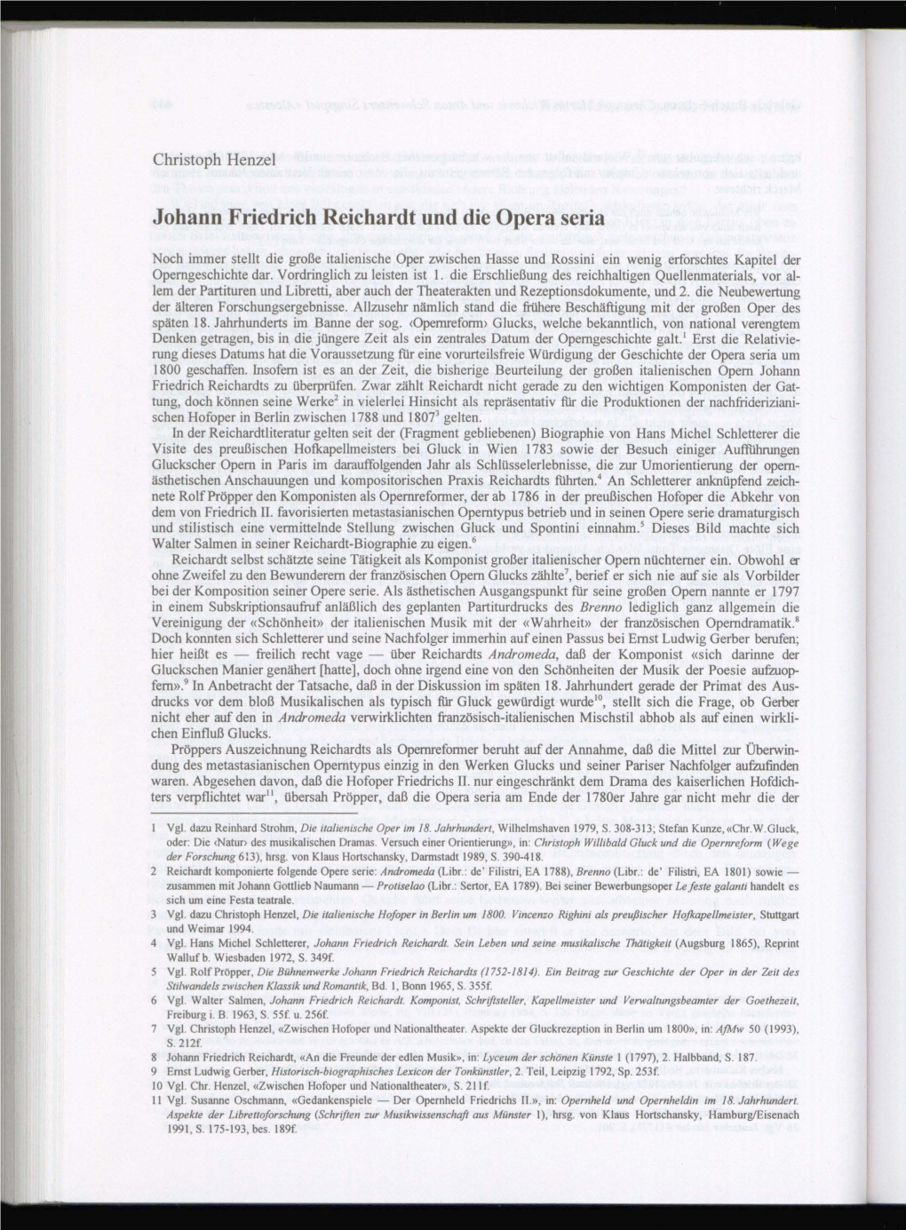 Johann Friedrich Reichardt Und Die Opera Seria