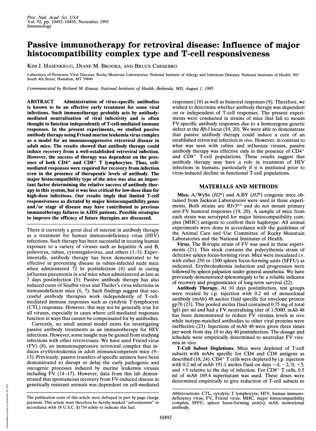 Passive Immunotherapy for Retroviral Disease: Influence of Major Histocompatibility Complex Type and T-Cell Responsiveness KIM J