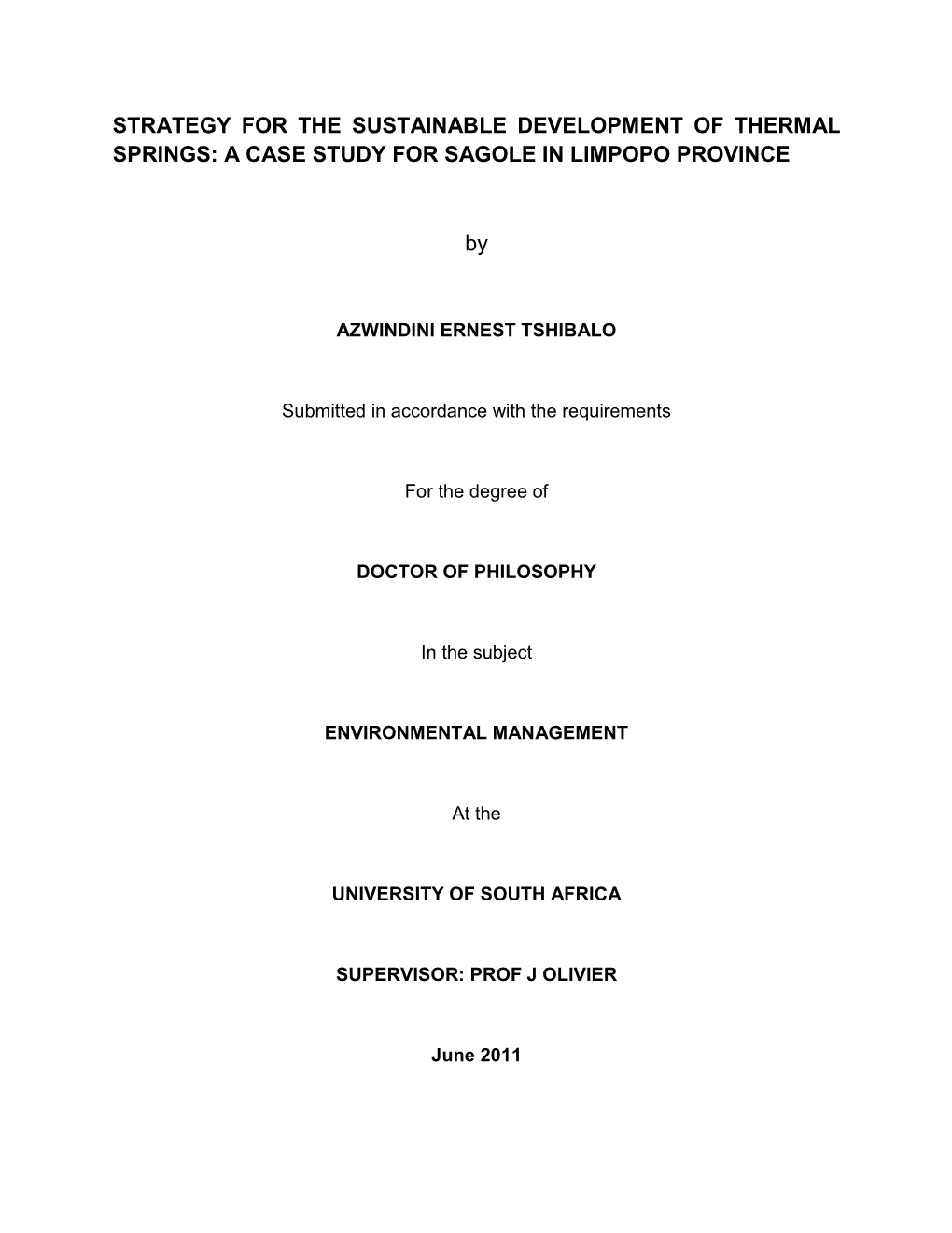 A CASE STUDY for SAGOLE in LIMPOPO PROVINCE By