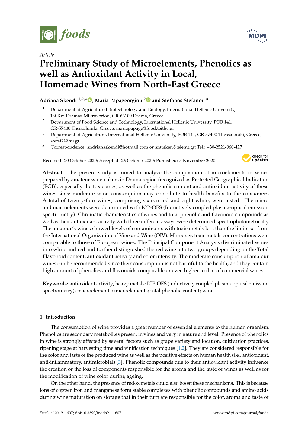 Preliminary Study of Microelements, Phenolics As Well As Antioxidant Activity in Local, Homemade Wines from North-East Greece