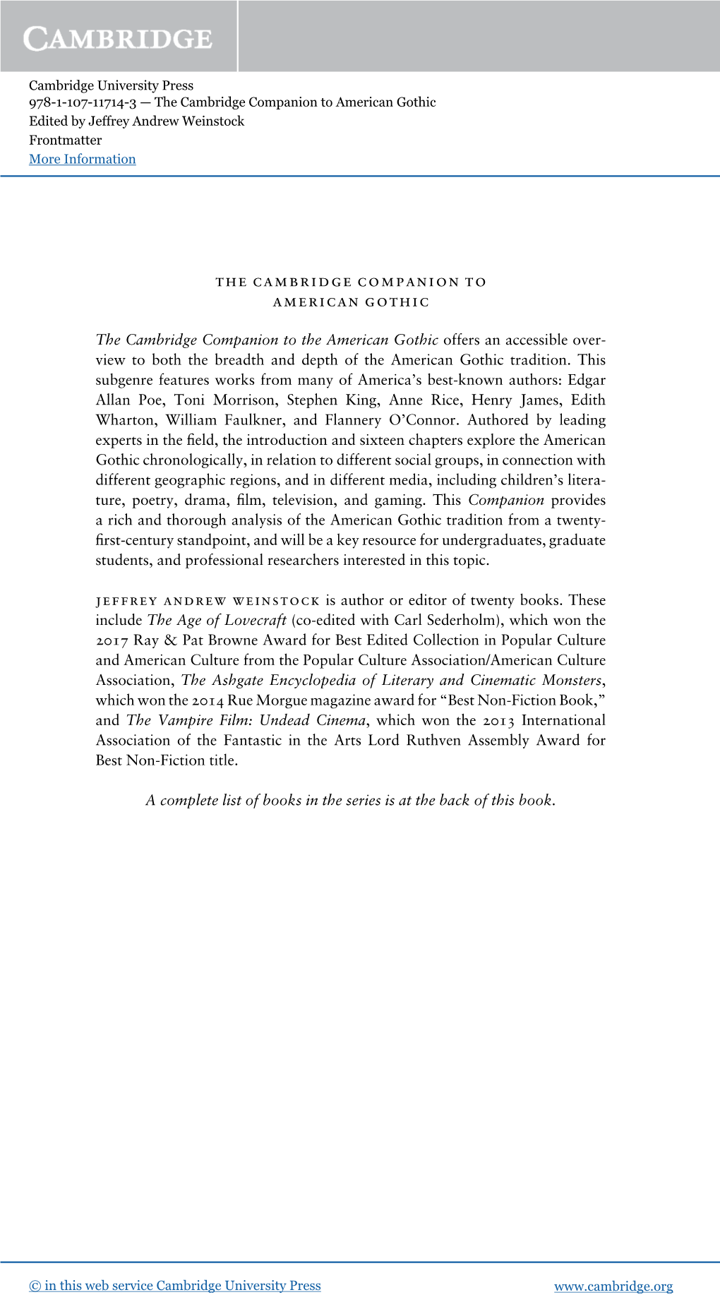 The Cambridge Companion to American Gothic Edited by Jeffrey Andrew Weinstock Frontmatter More Information