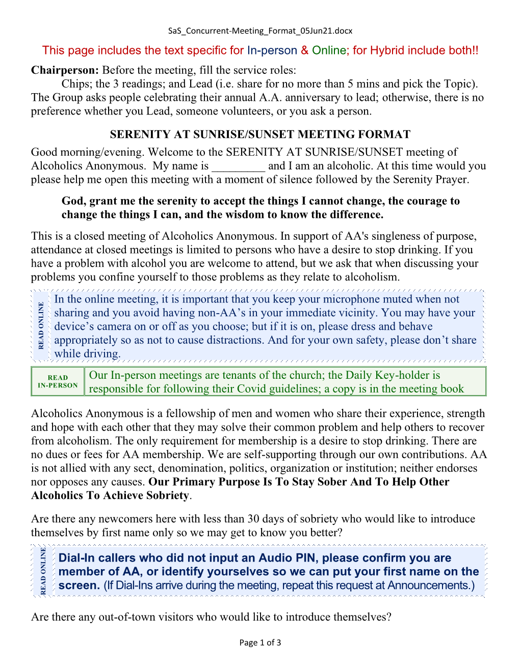 This Page Includes the Text Specific for In-Person & Online; for Hybrid Include Both!! Chairperson: Before the Meeting, Fill