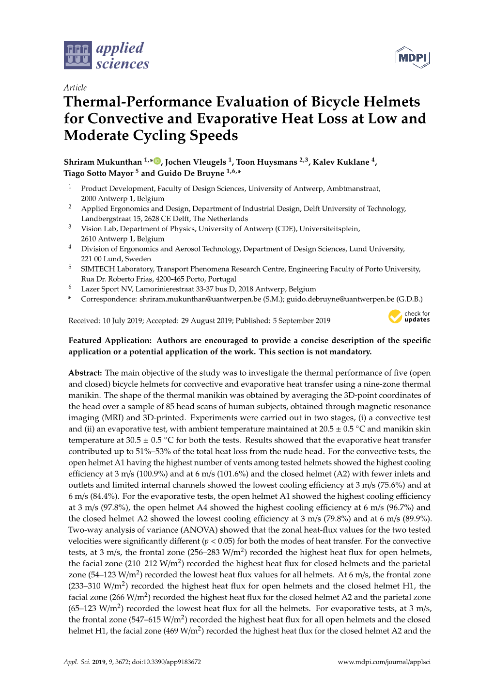 Thermal-Performance Evaluation of Bicycle Helmets for Convective and Evaporative Heat Loss at Low and Moderate Cycling Speeds