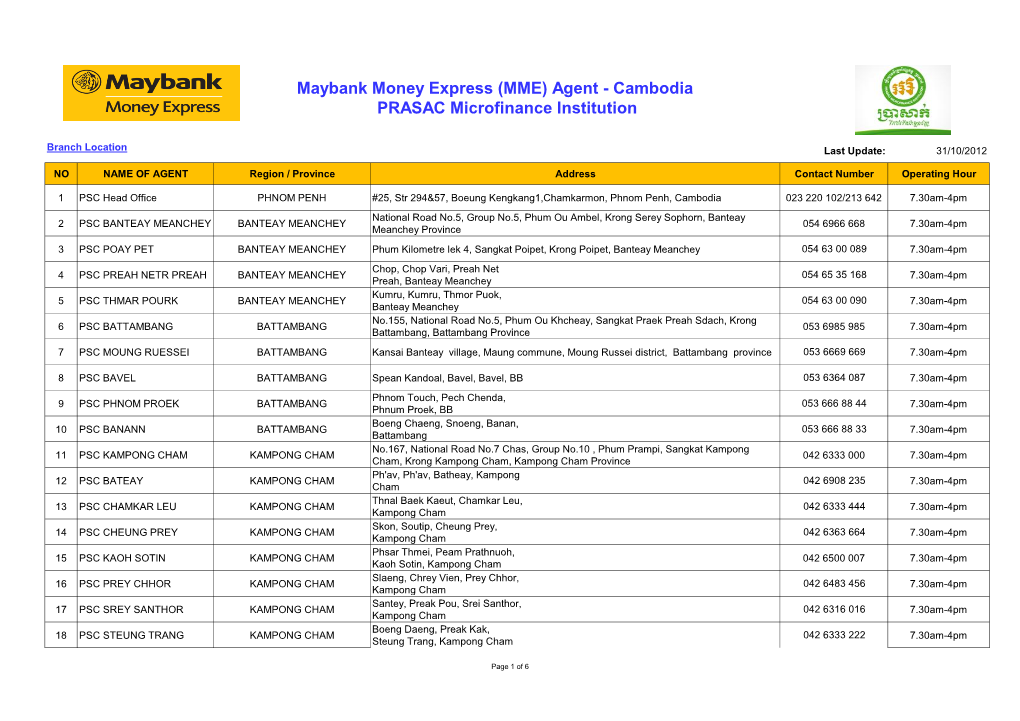 (MME) Agent - Cambodia PRASAC Microfinance Institution