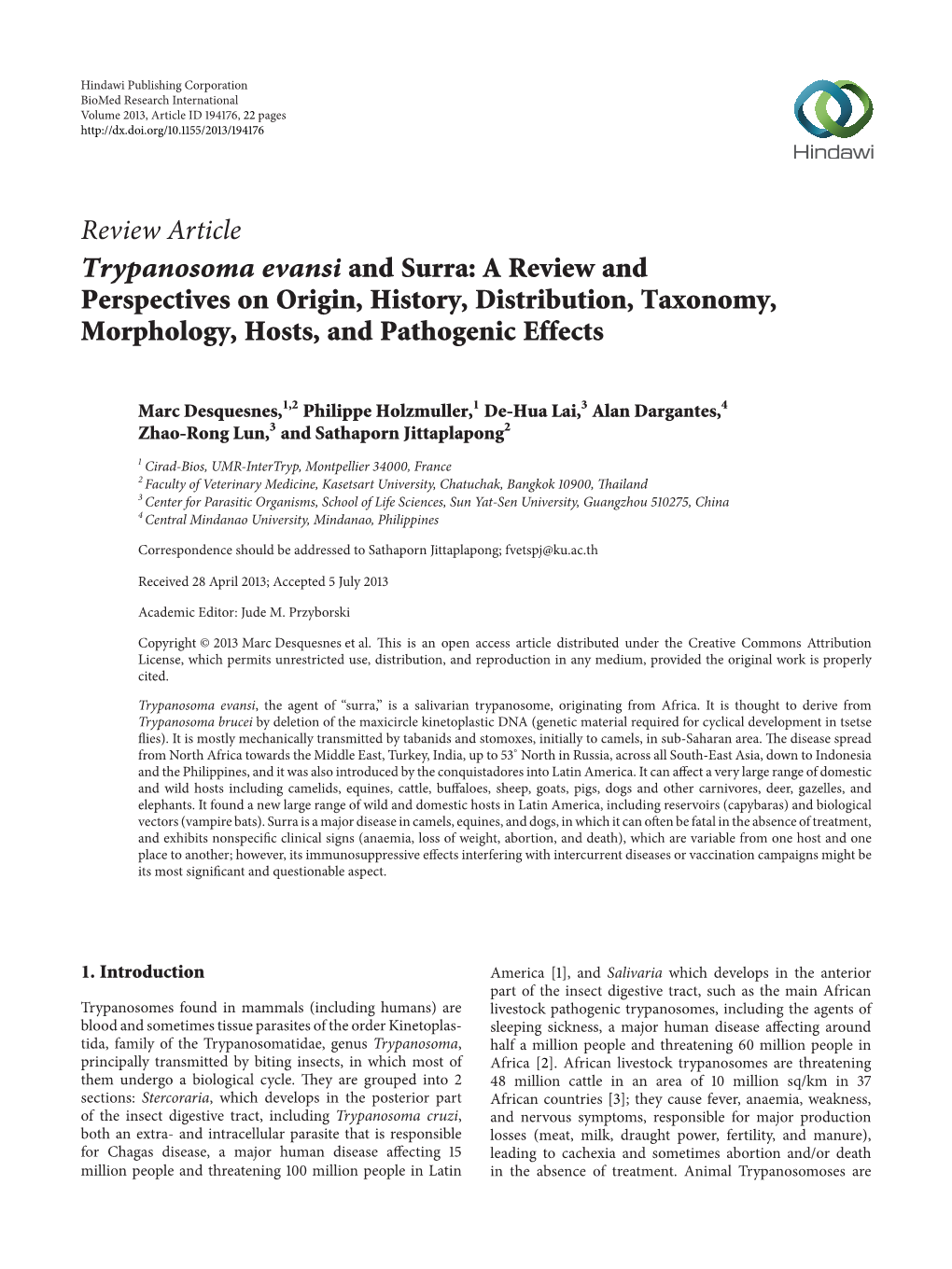 Review Article Trypanosoma Evansi and Surra: a Review and Perspectives on Origin, History, Distribution, Taxonomy, Morphology, Hosts, and Pathogenic Effects