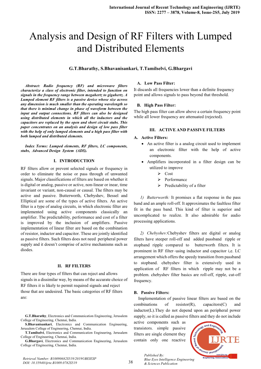 Analysis and Design of RF Filters with Lumped and Distributed Elements